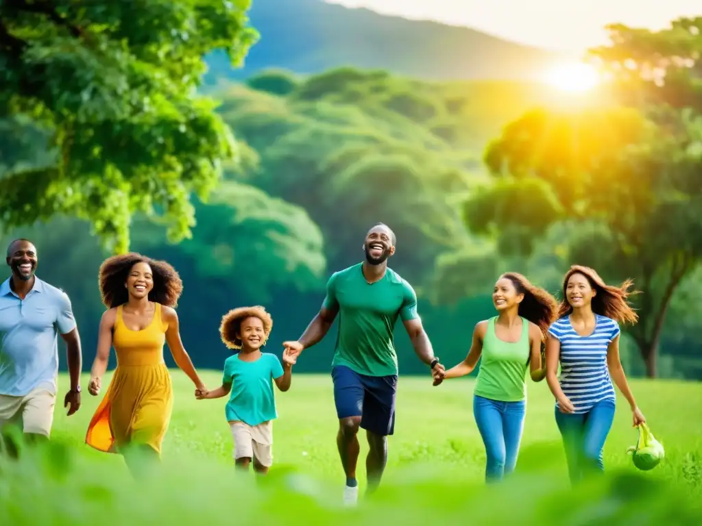 Grupo diverso disfruta al aire libre en un campo verde y soleado, transmitiendo vitalidad y bienestar