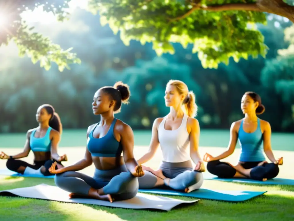 Un grupo diverso practica yoga al aire libre en un parque verde, irradiando calma y fuerza