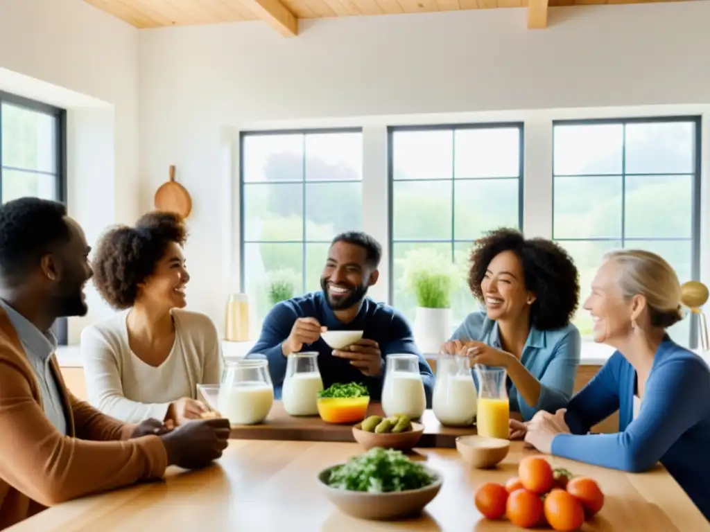 Grupo diverso disfruta de alimentos probióticos en cocina luminosa, evitando efectos secundarios probióticos