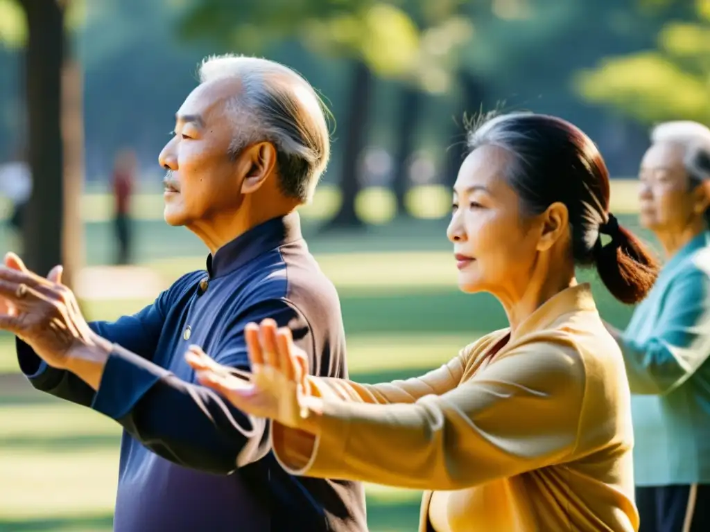 Un grupo diverso de ancianos practica tai chi en un parque soleado, transmitiendo vitalidad y comunidad