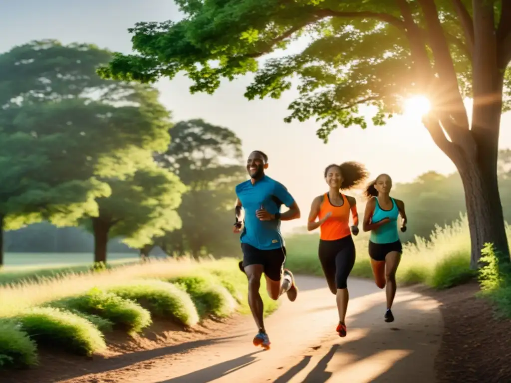 Un grupo diverso corre al atardecer por un sendero arbolado, irradiando vitalidad y alegría