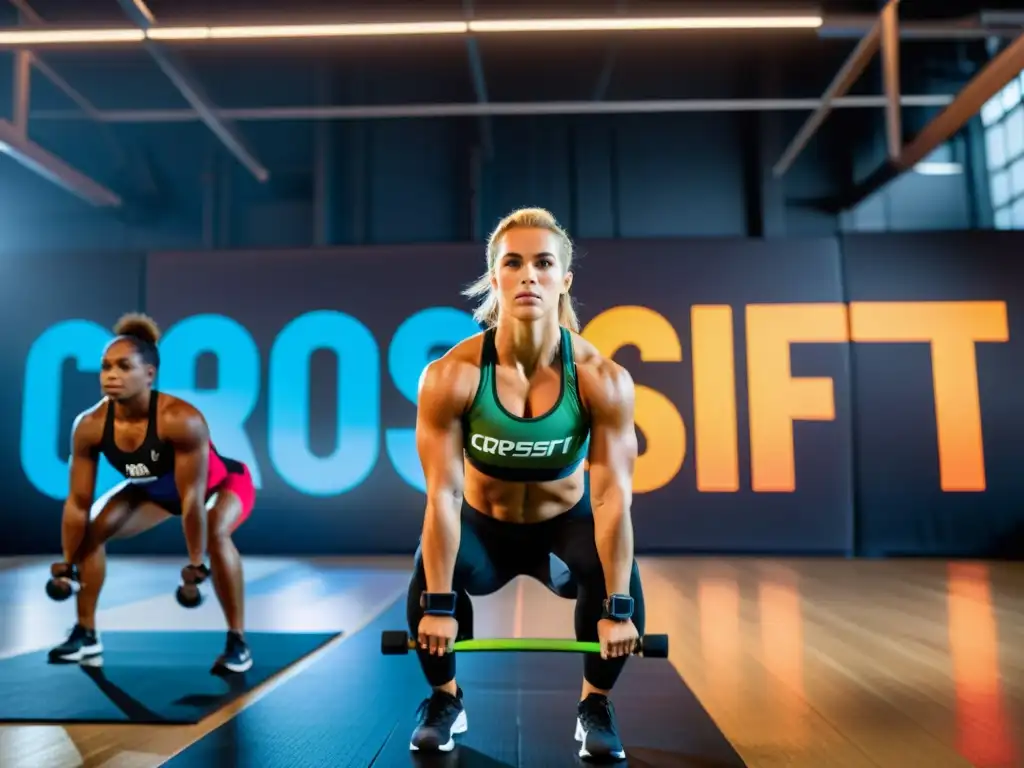 Grupo diverso de atletas realizando intenso entrenamiento de CrossFit bajo el brillo vibrante del gimnasio