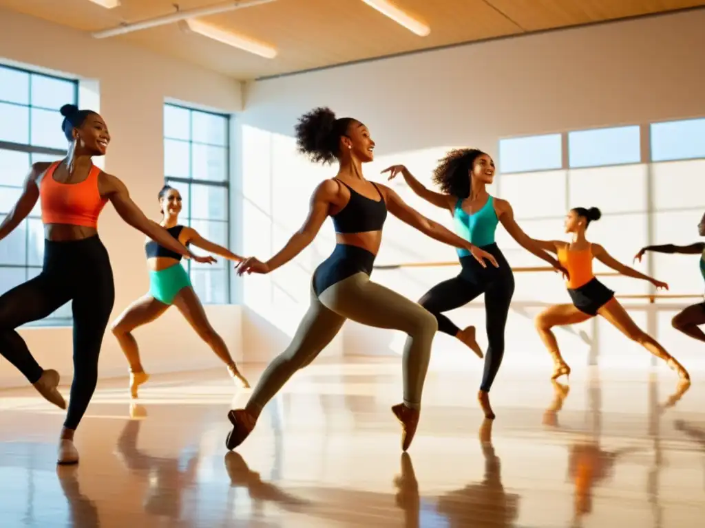 Un grupo diverso de bailarines se mueve con energía en un estudio iluminado por el sol, transmitiendo alegría y vitalidad