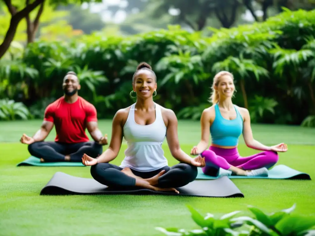 Grupo diverso disfruta de bienestar en jardín, con yoga, meditación y ejercicio al aire libre