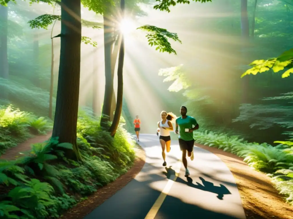 Grupo diverso corre en el bosque, ejercitándose al aire libre para sistema inmunológico