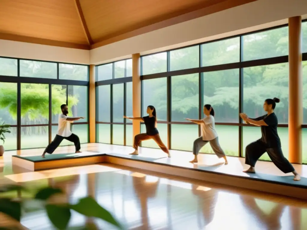 Grupo diverso practicando Tai Chi en estudio sereno