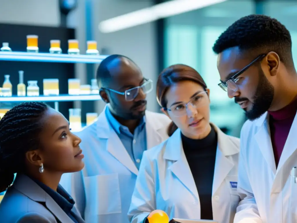 Un grupo diverso de científicos y investigadores discuten animadamente en un laboratorio de vanguardia, rodeados de tecnología avanzada