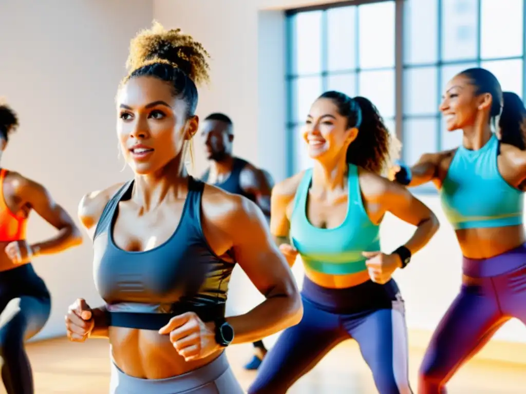 Grupo diverso en clase aeróbica, ejercitándose con determinación y energía, exudando vitalidad y los beneficios inmunológicos de la actividad aeróbica