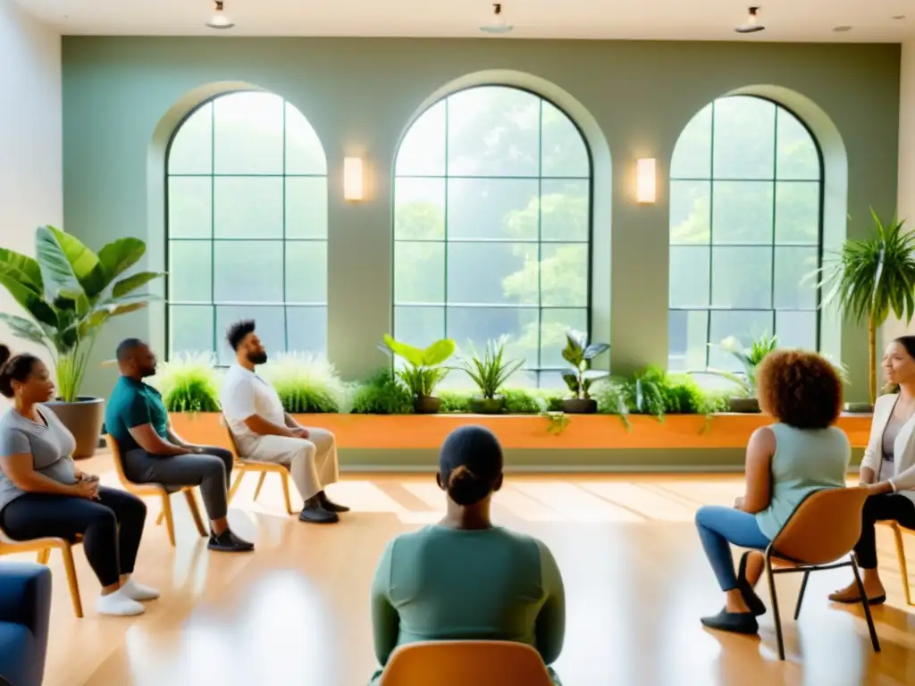 Grupo diverso en clase de reducción de estrés para sistema inmunológico, con decoración tranquila y luz natural