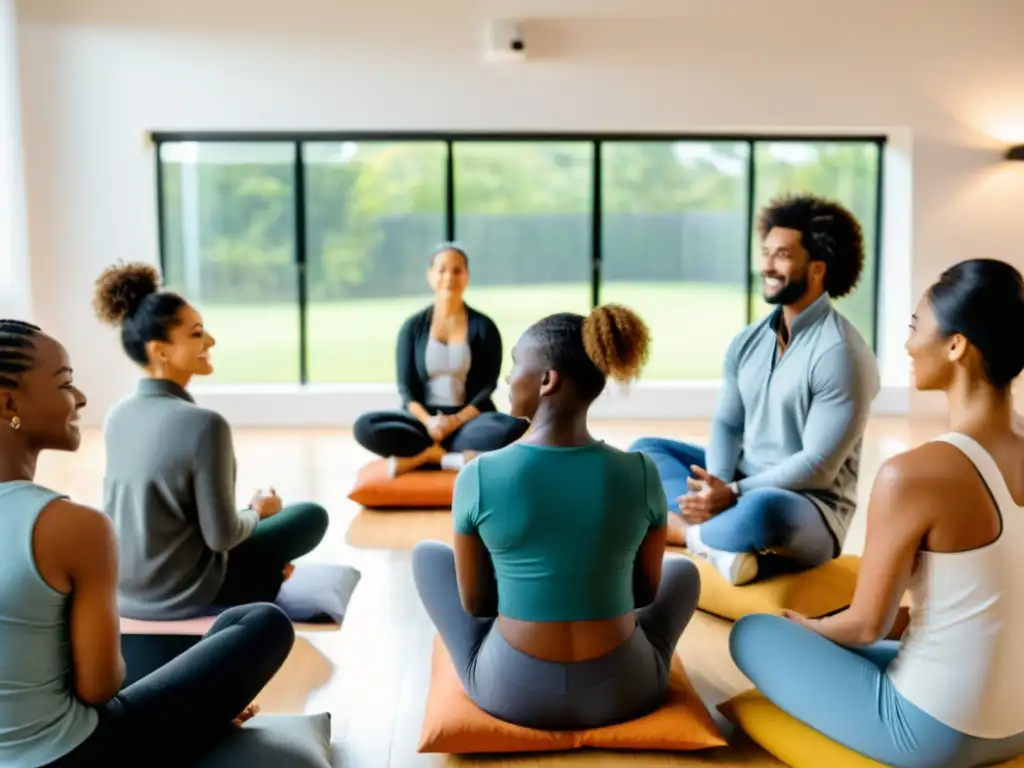 Grupo diverso participa en sesión de coaching emocional, reflejando calidez, confianza y mejora resistencia alérgenos comunes