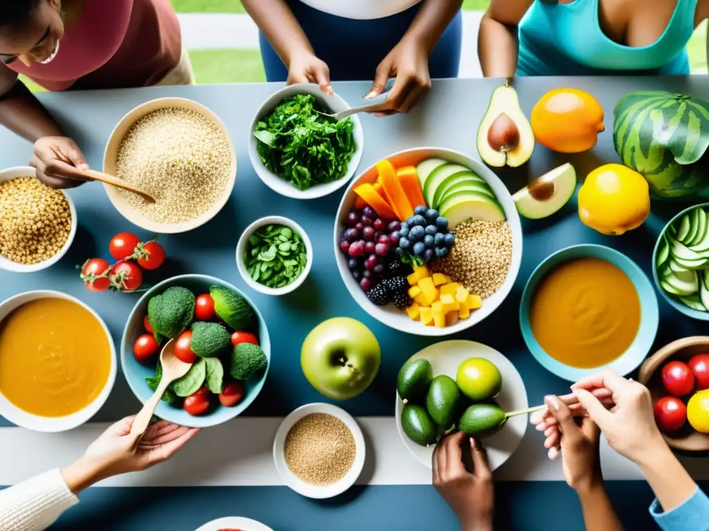 Un grupo diverso disfruta una comida saludable y colorida juntos, fortaleciendo su sistema inmunológico con una dieta especializada