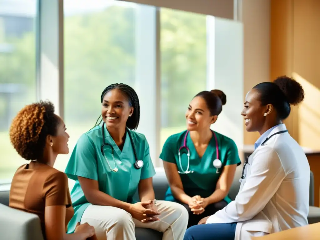 Grupo diverso en consulta médica, clima cálido, apoyo mutuo