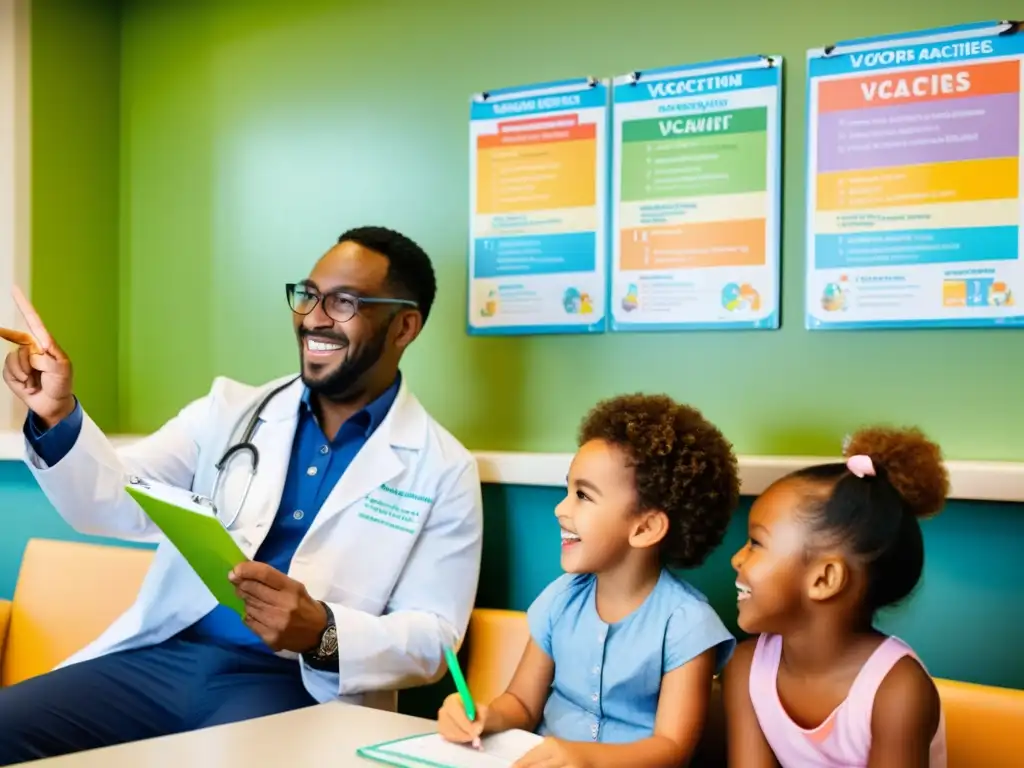 Un grupo diverso de niños sonríe en la consulta del pediatra, mientras la doctora discute el calendario de vacunación con los padres