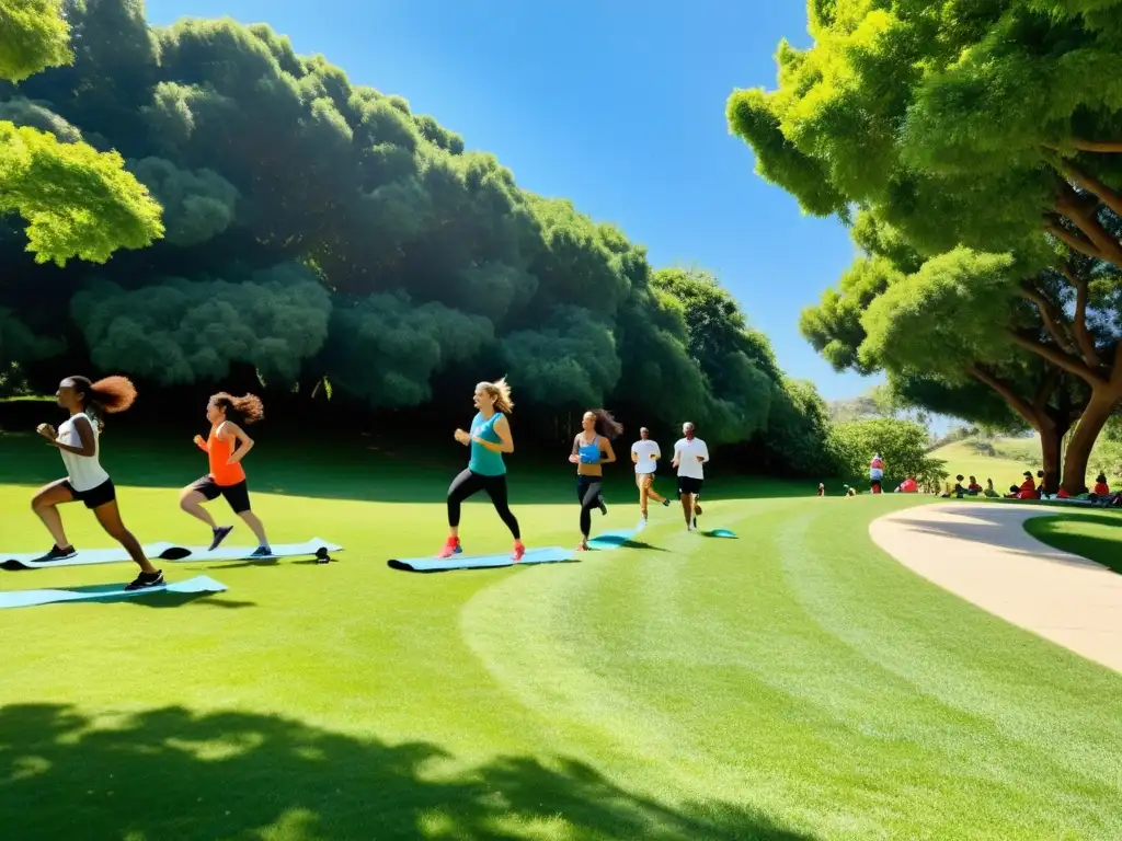 Grupo diverso disfruta de ejercicio al aire libre en un parque soleado, promoviendo los beneficios del ejercicio para el sistema inmunológico