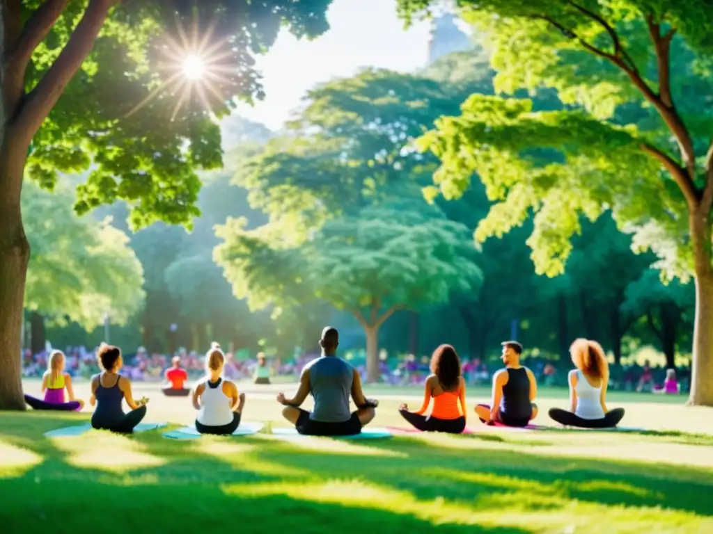 Grupo diverso haciendo ejercicio al aire libre en un parque verde y soleado, resaltando nutrición y ejercicio para sistema inmune