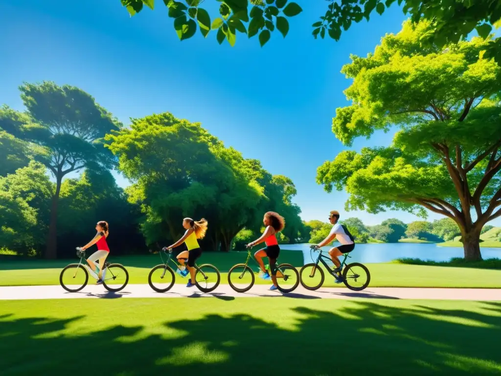 Un grupo diverso disfruta del ejercicio al aire libre en un parque, destacando la conexión entre actividad física y naturaleza