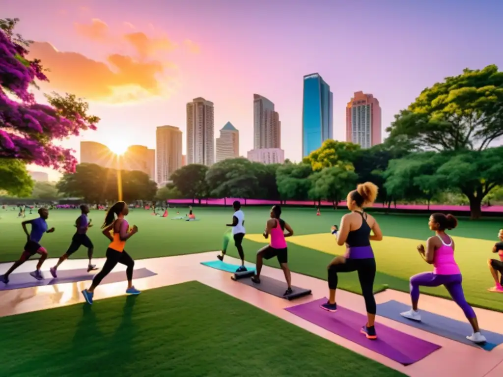 Grupo diverso haciendo ejercicio al atardecer en un parque urbano