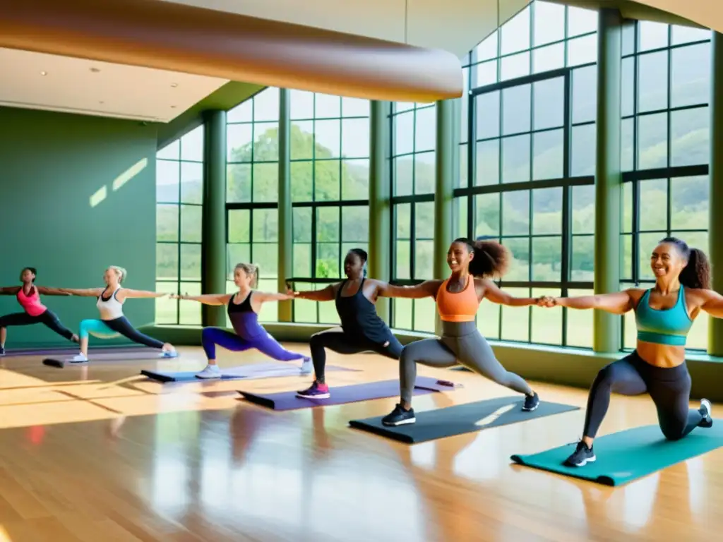 Grupo diverso disfruta de ejercicio en gimnasio espacioso con máquinas de última tecnología y vista a paisaje verde