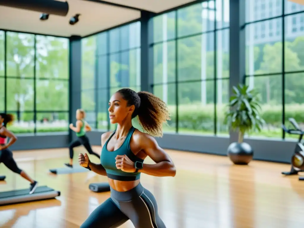 Grupo diverso haciendo ejercicio en un gimnasio moderno y luminoso con vegetación, transmitiendo motivación y comunidad