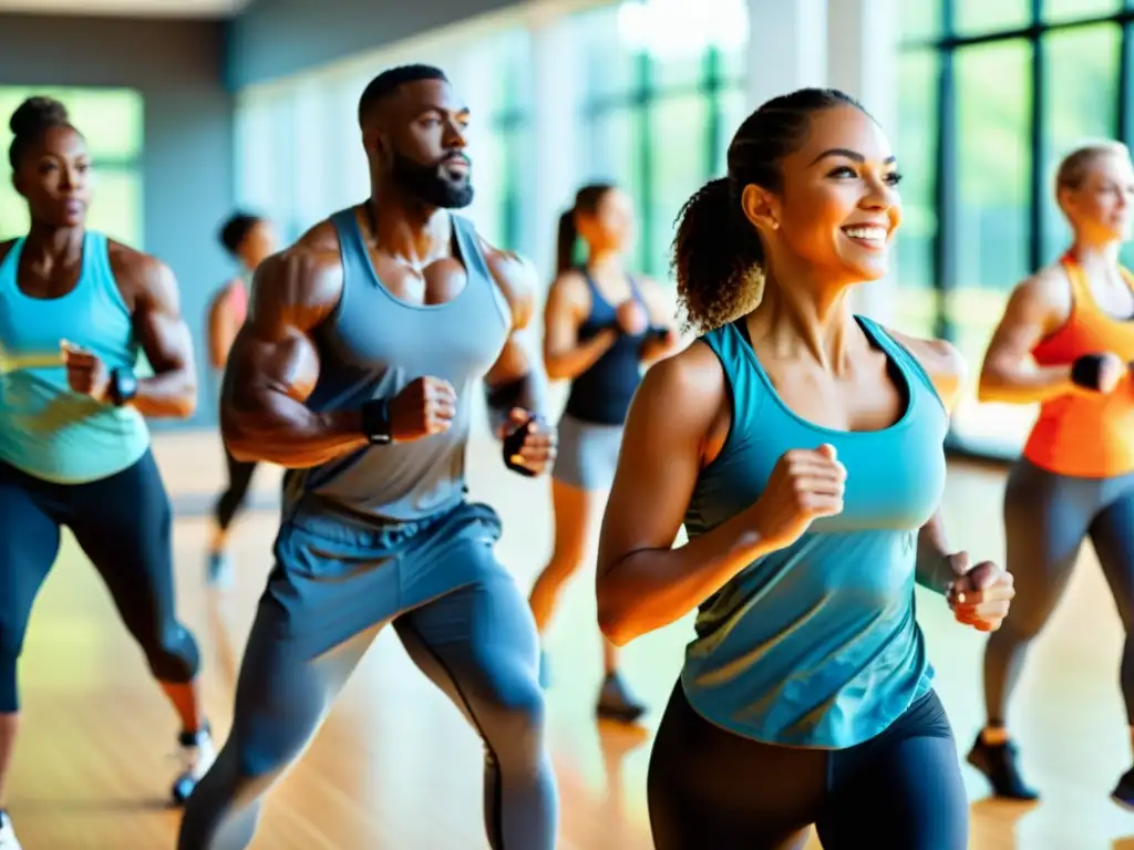 Grupo diverso haciendo ejercicio en un gimnasio brillante y espacioso, promoviendo nutrición y ejercicio para sistema inmune