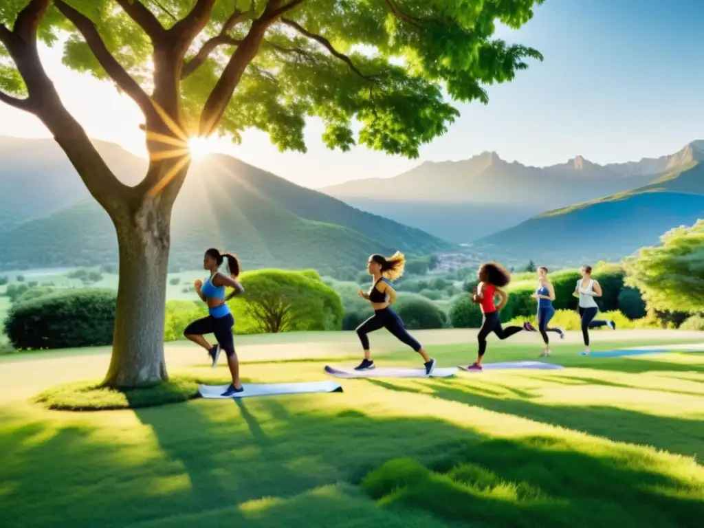 Grupo diverso haciendo ejercicio en un parque verde, con sol cálido