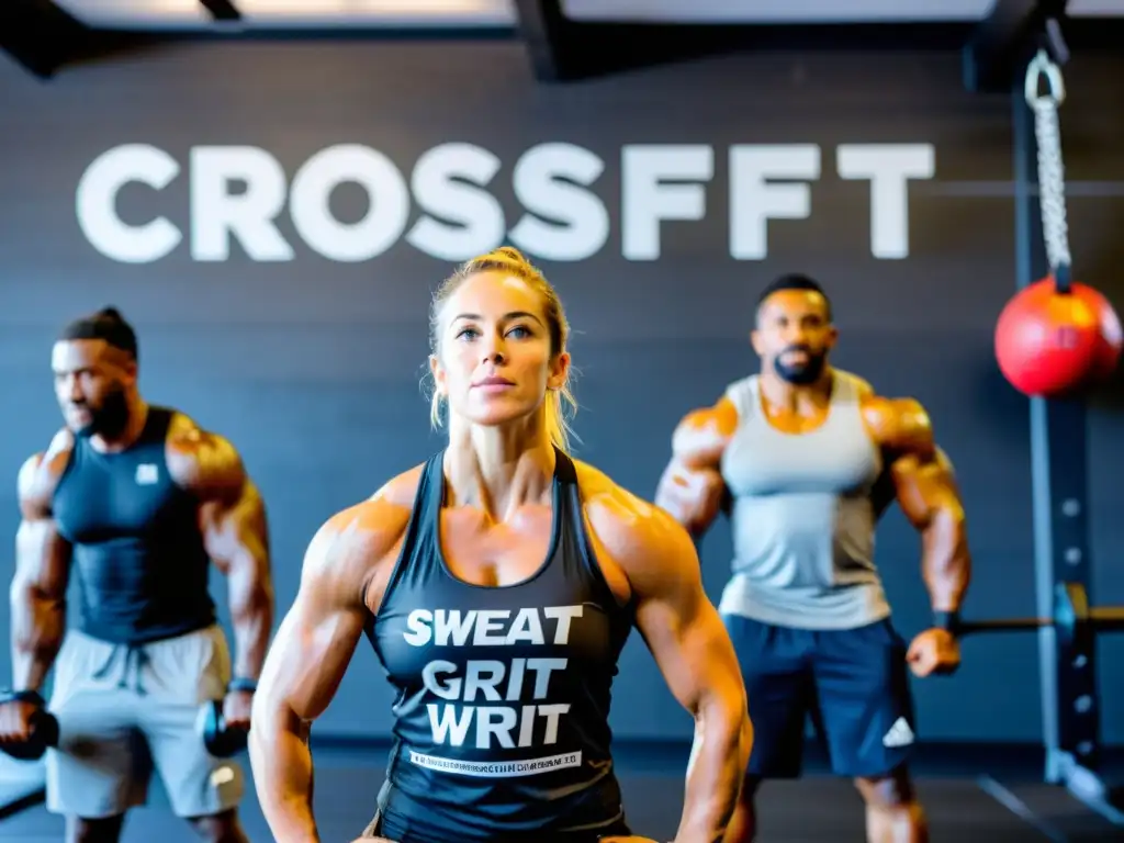 Grupo diverso en entrenamiento de Crossfit, desafiando límites físicos, con efectos positivos en el sistema inmunológico