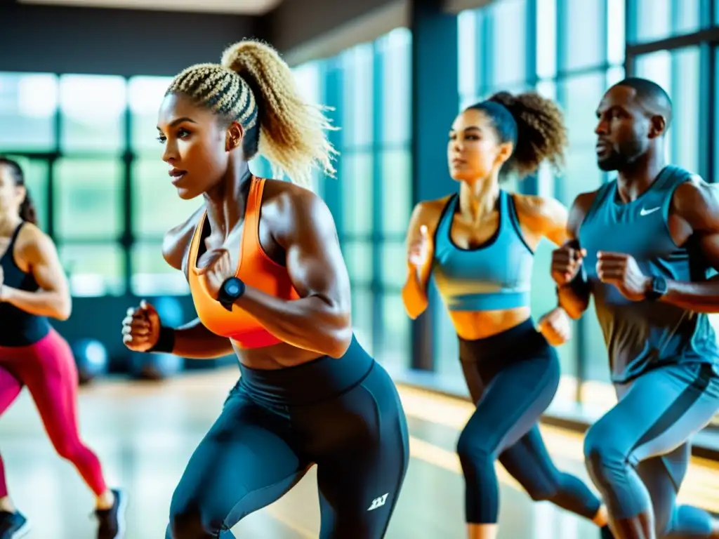 Grupo diverso hace entrenamiento HIIT para sistema inmunológico en gimnasio moderno y luminoso