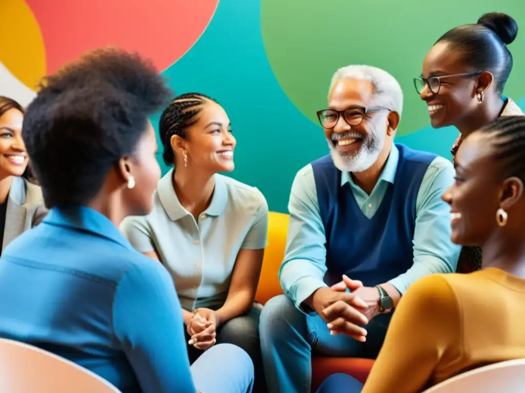 Un grupo diverso se reúne en un espacio luminoso para conversar y apoyarse mutuamente, transmitiendo comunidad y empoderamiento