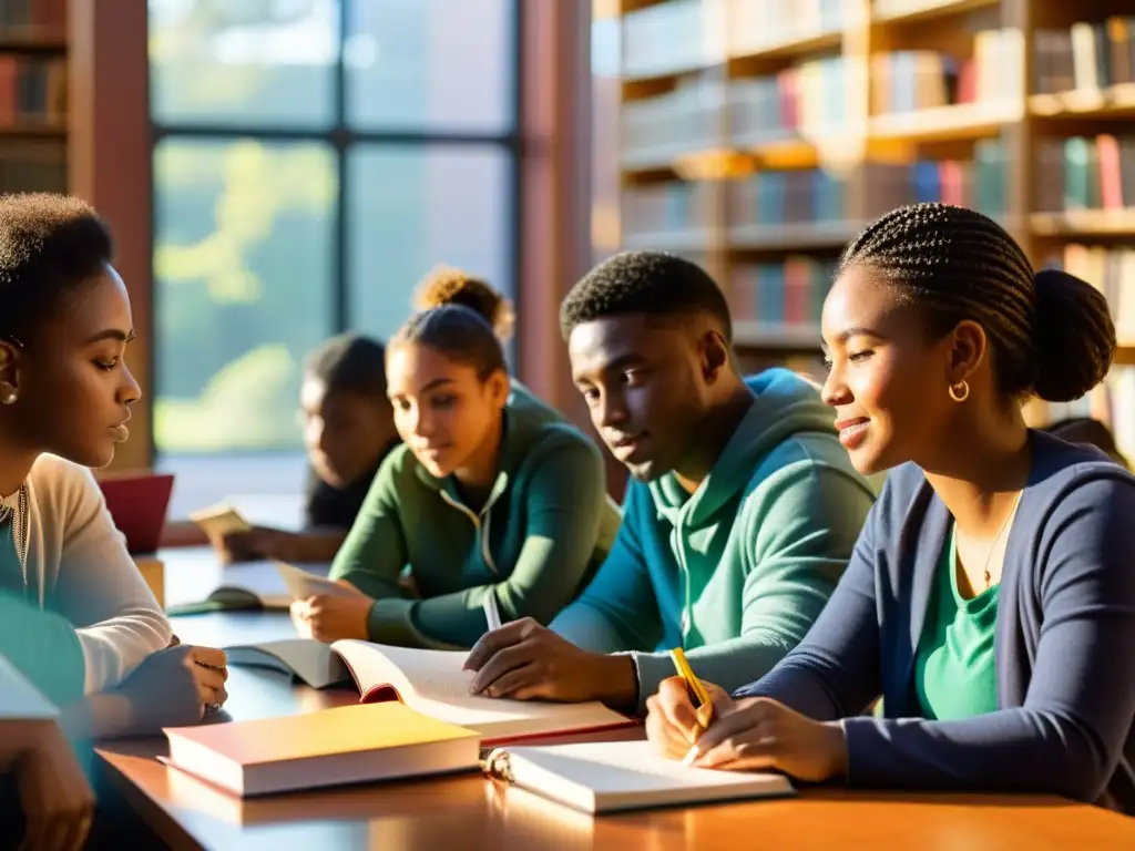 Grupo diverso de estudiantes universitarios estudian juntos en la biblioteca, rodeados de libros y apuntes, inmersos en una animada discusión mientras se preparan para sus exámenes