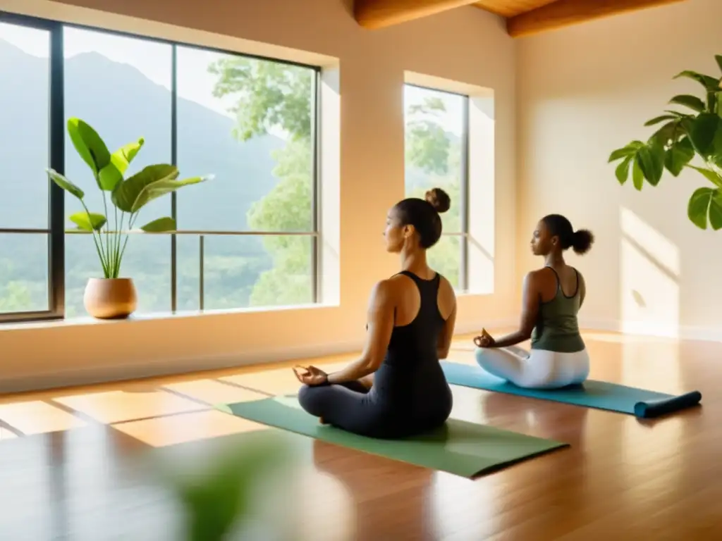 Un grupo diverso practica yoga en un estudio iluminado por el sol, rodeado de plantas verdes