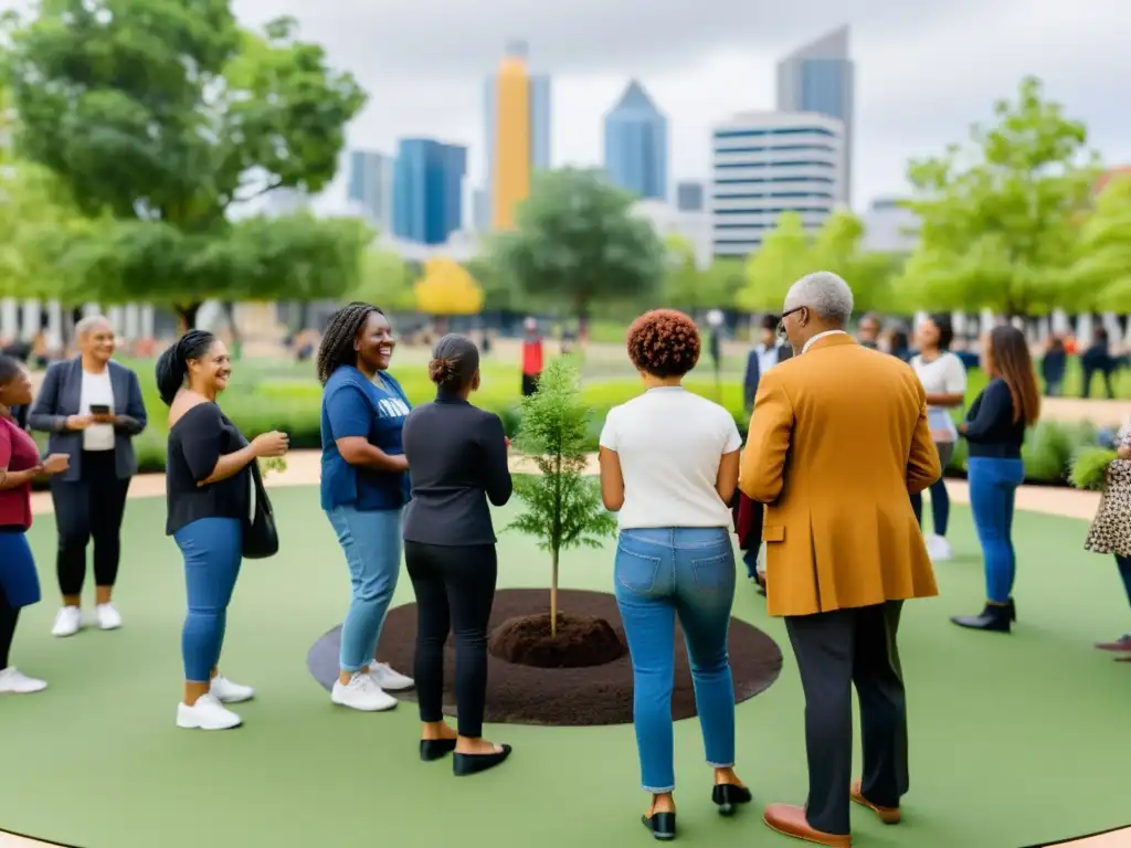 Grupo diverso participa en evento comunitario integración social sistema inmunológico en parque urbano vibrante