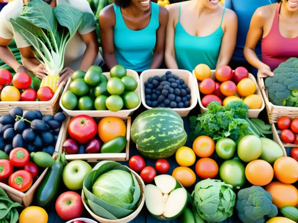 Grupo diverso disfruta frutas y verduras en mercado