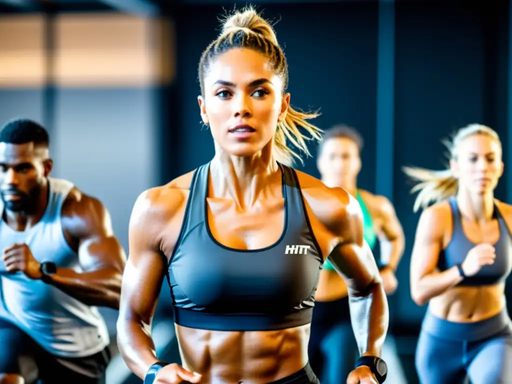 Grupo diverso en gimnasio moderno haciendo HIIT, desafiando cuerpo y mente