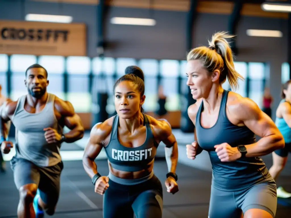 Un grupo diverso realiza una intensa sesión de CrossFit, mostrando determinación y esfuerzo