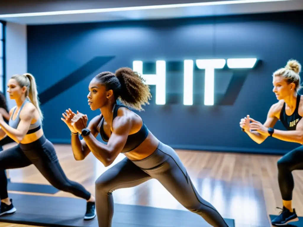 Un grupo diverso se ejercita con intensidad en un moderno estudio de fitness, mostrando determinación y entusiasmo