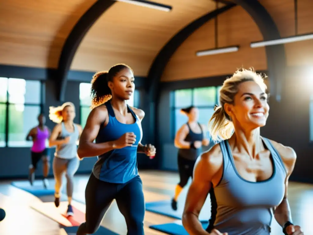 Un grupo diverso realiza un intenso entrenamiento en un gimnasio soleado y amplio, demostrando vitalidad y fuerza