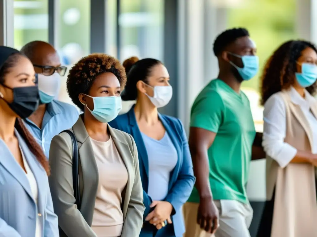 Grupo diverso usando mascarillas y manteniendo distancia en farmacia