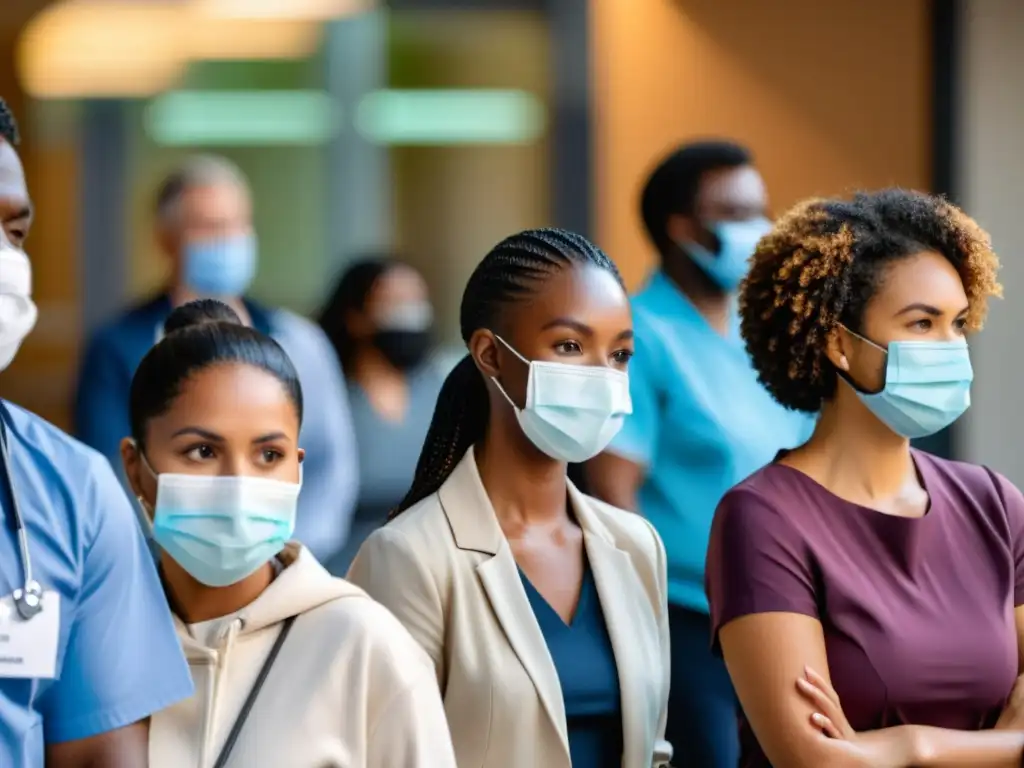 Grupo diverso con mascarillas y distanciamiento social en centro de salud