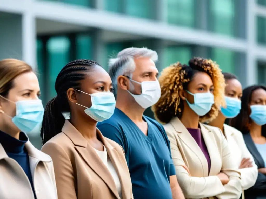 Grupo diverso con mascarillas espera frente a hospital moderno, transmitiendo preocupación y esperanza en cobertura seguros salud pandemias