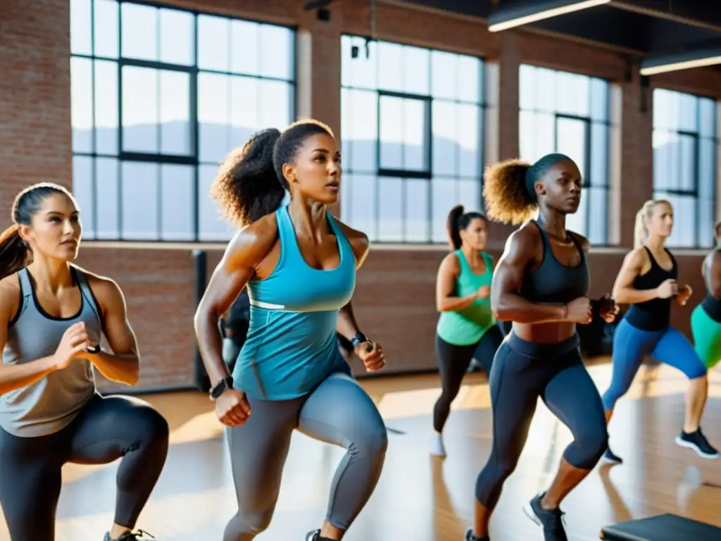 Grupo diverso ejercitándose en moderno gimnasio