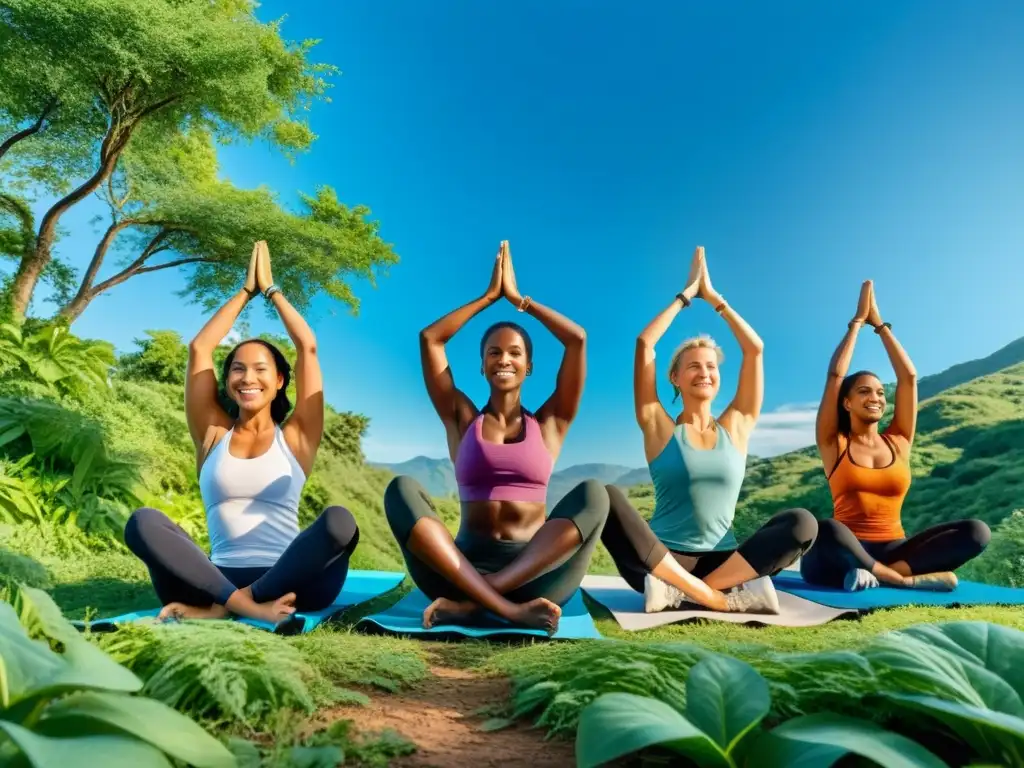 Un grupo diverso de mujeres fuertes y vitales disfruta de actividades al aire libre en un entorno vibrante y natural