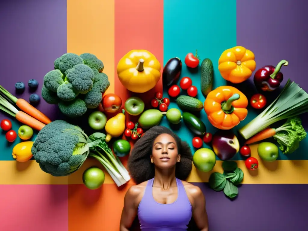 Un grupo diverso de mujeres practica yoga, corre y levanta pesas rodeadas de frutas y verduras vibrantes