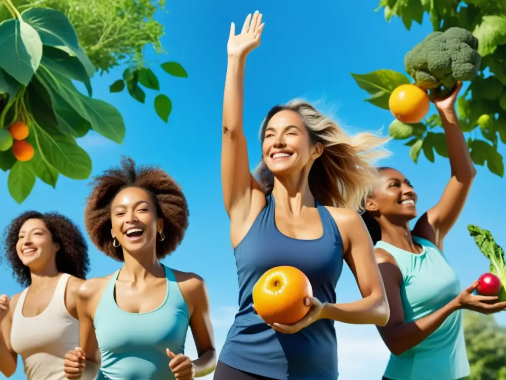 Grupo diverso de mujeres practicando yoga, corriendo y ciclismo al aire libre, con frutas y verduras