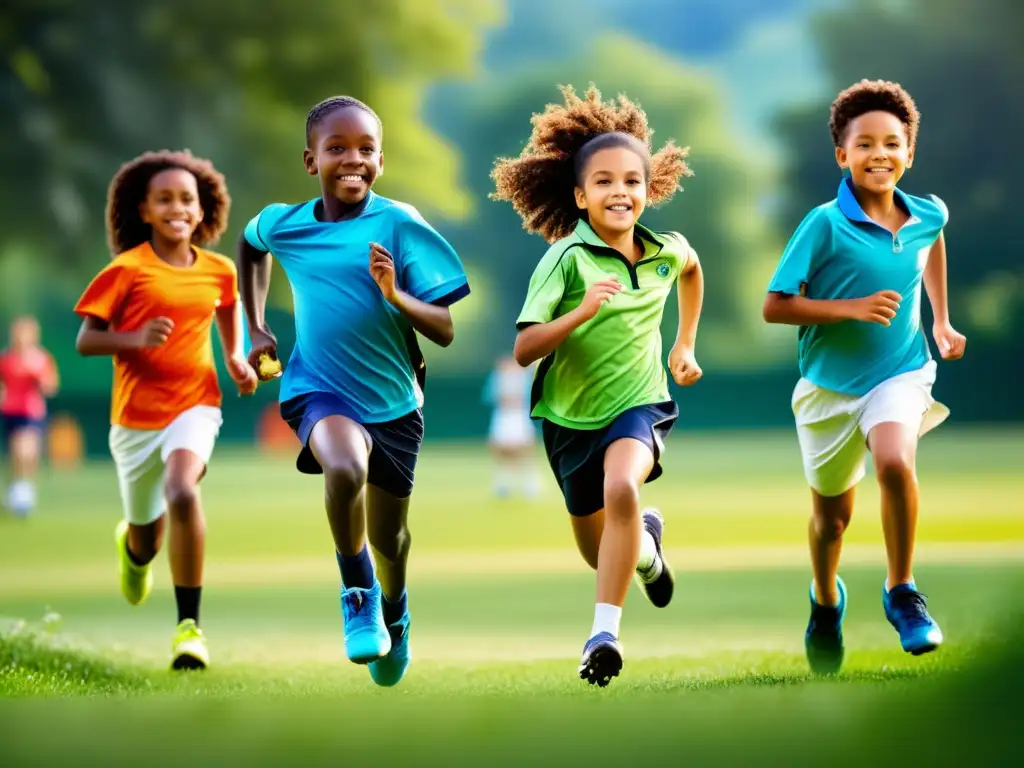 Grupo diverso de niños y adolescentes disfrutando de actividades al aire libre, transmitiendo vitalidad y bienestar físico