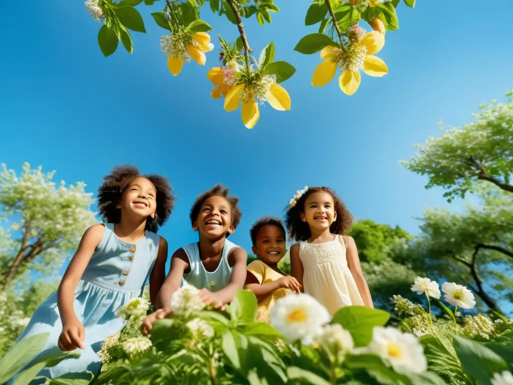 Grupo diverso de niños jugando al aire libre entre flores y árboles, mostrando resiliencia y vitalidad