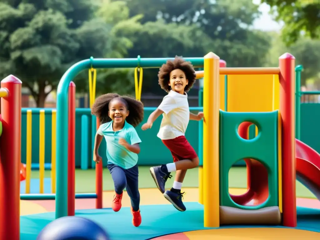 Grupo diverso de niños jugando felizmente en un colorido parque