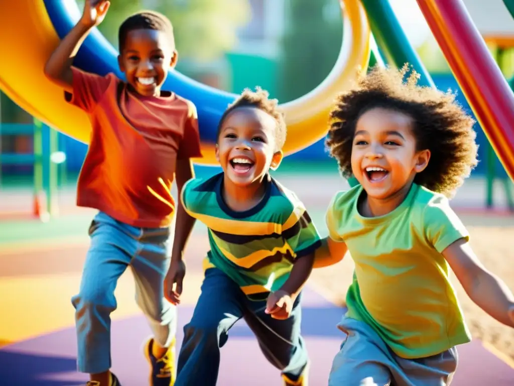 Grupo diverso de niños felices jugando juntos en un vibrante parque infantil al aire libre, promoviendo una infancia activa y saludable