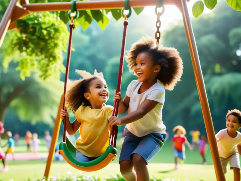 Grupo diverso de niños sonrientes jugando en un parque soleado, rodeado de naturaleza exuberante y flores