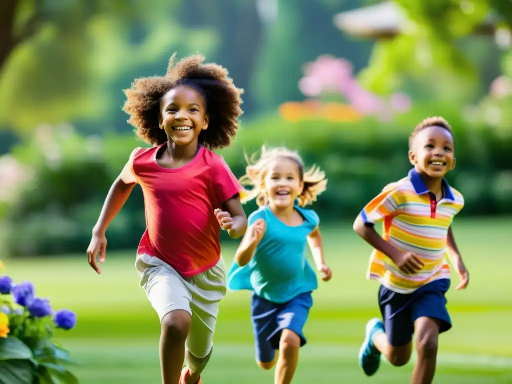 Grupo diverso de niños sonrientes jugando en un parque vibrante y soleado, rodeados de naturaleza exuberante