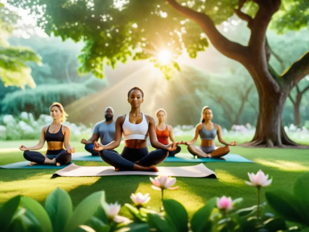 Un grupo diverso practica yoga en un parque exuberante